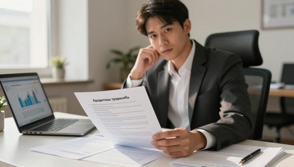 A business professional in a smart, tailored outfit, sitting at a contemporary office desk, examining a detailed document titled "Кредитные требования" (Credit Requirements) alongside an open laptop displaying financial graphs. The foreground shows a close-up of the document with bullet points highlighting key requirements for obtaining a microloan. In the middle, the professional looks thoughtfully at the camera with a focused expression, papers and a pen scattered around. The background features a light-filled office space, giving a sense of productivity and trust. The lighting is warm and inviting, with soft shadows to create depth. The atmosphere is serious yet approachable, suitable for discussing financial matters.