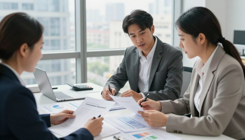 A clear depiction of a professional office setting focused on consumer credit repayment. In the foreground, a diverse group of three individuals in business attire (a man and two women) are engaged in a discussion over paperwork related to loan repayment options. The middle section shows a modern desk cluttered with financial documents, charts, and a calculator, symbolizing the complexities of consumer credit. In the background, there is a large window letting in bright, natural light, revealing a cityscape that signifies financial opportunities. The mood is professional yet approachable, with soft lighting that creates a warm atmosphere. The perspective should be slightly elevated, capturing the collaborative spirit of financial consultations without any distracting elements like text or logos.