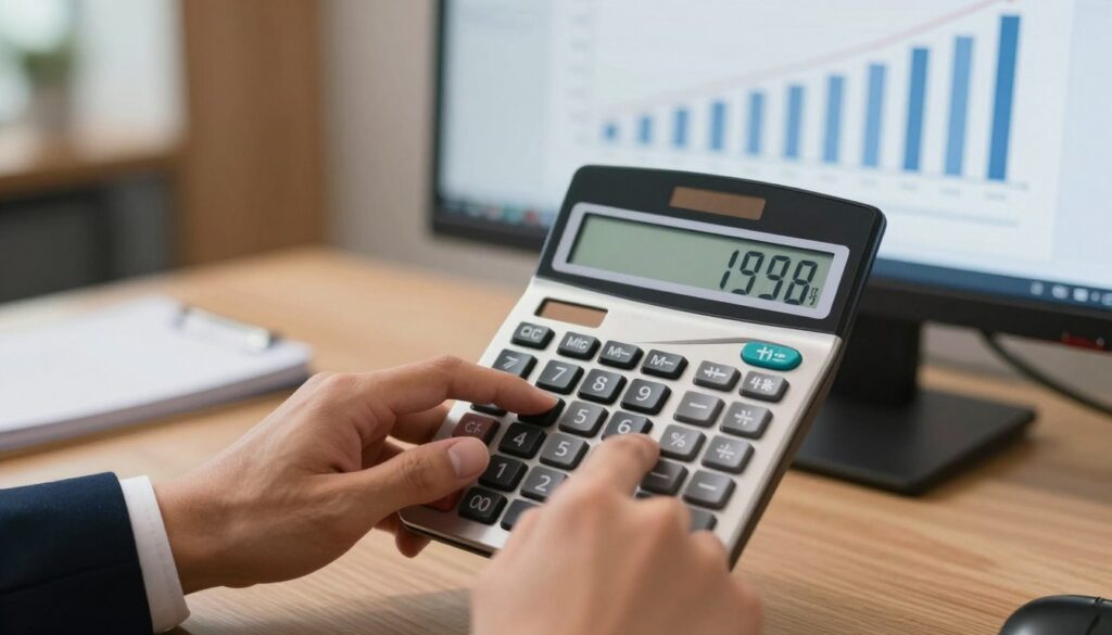 A close-up composition of a financial calculator displaying interest rate percentages prominently on its screen, with a person's hands, dressed in professional business attire, manipulating the buttons. In the background, a blurred image of a modern office setting with soft lighting and wooden elements creates a professional atmosphere. A bar graph with rising percentages is faintly visible on a nearby computer monitor, indicating growth and financial planning. The mood is focused and analytical, emphasizing clarity and transparency in financial calculations. The lighting is warm and inviting, suggesting reliability and trustworthiness in financial dealings.