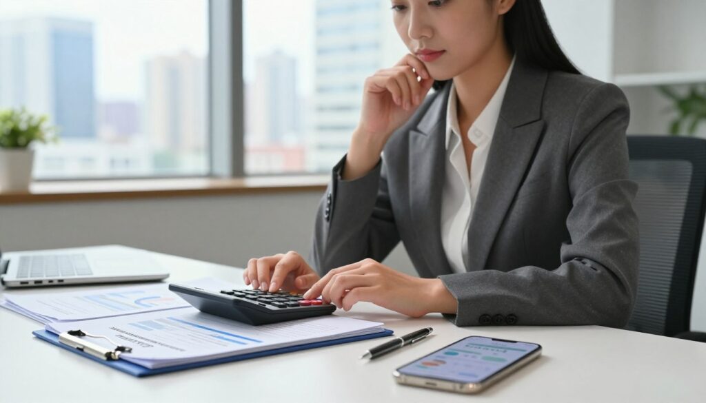 A close-up shot of a professional businesswoman sitting at a sleek modern desk, looking thoughtfully at a calculator and a stack of documents signifying loan repayment. In the foreground, there are neatly organized financial documents, a smartphone displaying a finance app, and a pen. In the middle, the businesswoman is dressed in a smart blazer, her expression focused and determined. The background features a softly lit office with a large window showcasing a city skyline, creating an inspiring atmosphere. The lighting is bright and even, creating a sense of clarity and professionalism. The angle captures both the subject and the office environment, conveying a mood of diligence and financial responsibility.