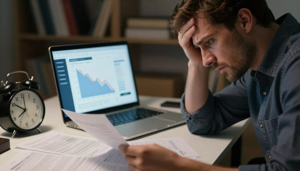 A close-up shot of a worried businessman sitting at a desk covered with unpaid bills and a clock showing late hours, symbolizing missed payments. In the foreground, emphasize the man's anxious expression as he scans the documents. The middle ground should feature a laptop displaying a financial application interface, with graphs indicating a decline in credit score. In the background, dimly lit shelves filled with financial books add to the atmosphere of stress and urgency. The lighting should be soft yet dramatic, casting shadows that convey a sense of impending consequence. The overall mood is tense and serious, highlighting the repercussions of late payments on credit history and financial stability.
