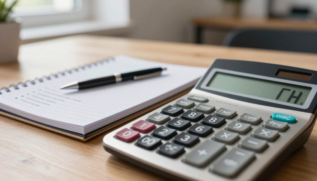 A close-up view of a calculator displaying a sum in Ukrainian Hryvnia (грн), with a notepad and pen beside it on a wooden desk. The foreground features the calculator with clear numerical values, emphasizing financial calculations. In the middle, the notepad holds notes related to loan terms, with bullet points such as 'amount in грн', 'loan term', and 'interest rate' written neatly. The background softly blurs to show a cozy office setting with natural lighting coming through a window, casting gentle shadows. The atmosphere is professional and focused, suggesting trust and reliability in financial decision-making. Use a soft-focus lens effect to enhance clarity on the calculator while keeping the rest of the scene slightly blurred.