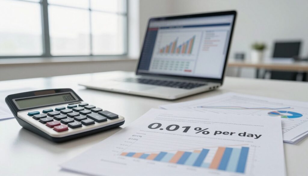 A close-up view of a financial document displaying a detailed breakdown of an interest rate, emphasizing the figure "0.01% per day" prominently. In the foreground, a calculator rests on a polished desk, with a few sheets of paper scattered around, featuring graphs and charts that visually represent annual percentage rates. The middle ground includes a modern laptop showing a financial software interface, casting a soft glow. In the background, a minimalist office setting with a large window allowing natural light to pour in, creating a bright, professional atmosphere. The lens captures the scene from a slight angle, highlighting the professional environment while evoking a sense of focus on financial management and decision-making.