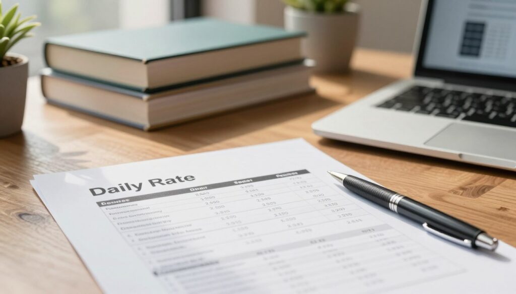 A close-up view of a financial document featuring a detailed breakdown of an interest rate, titled “Daily Rate” in bold at the top. The document is placed on a sleek wooden desk, with a stylish pen resting beside it. In the background, softly blurred, are stacks of modern financial books and a laptop with a calculator app open, implying a focus on financial literacy. Natural light streams in through a window, casting soft shadows and creating a calm and professional atmosphere. The mood is serious yet inviting, suitable for a discussion about loans and interest rates. The overall color palette consists of warm browns, soft whites, and hints of green from a potted plant nearby, enhancing the sense of a well-organized office environment.