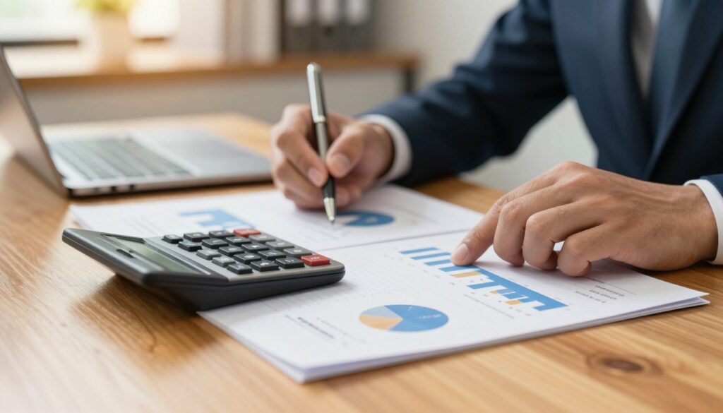 A close-up view of a modern financial document displaying graphs and charts related to interest rates. In the foreground, a calculator rests on a polished wooden desk next to the document, emphasizing financial calculations. In the middle ground, a soft focus on a pair of hands in professional business attire holding a pen, ready to make annotations on the document. The background features a blurred view of an office environment with warm lighting, giving an inviting atmosphere. The overall mood is focused and professional, portraying a scene of financial planning and transparency. The lighting is bright yet soft, creating an optimistic ambiance.