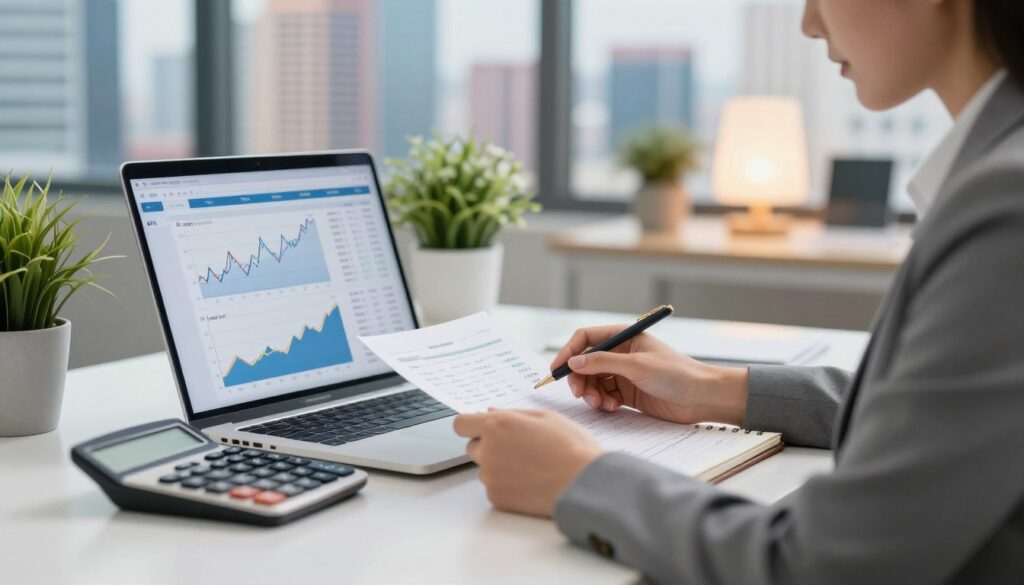 A close-up view of a modern financial workspace featuring a sleek desk with a laptop displaying financial graphs and calculations related to interest rates. In the foreground, a professional businesswoman in formal attire is analyzing a chart labeled "APR" and "Loan Cost" with a focused expression. Beside her, a stylish calculator and a notepad with financial notes. The middle ground features soft-focus elements like a potted plant and ambient lighting adding warmth to the scene. In the background, a vibrant city skyline can be seen through a window, symbolizing economic growth. The overall atmosphere is professional and focused, with bright, clear lighting emphasizing the importance of financial literacy.