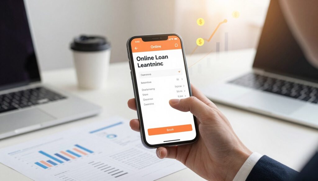 A close-up view of a vibrant digital smartphone screen displaying an online loan application interface, glowing softly in warm light. The foreground shows a hand, dressed in professional attire, tapping on the screen with excitement. In the middle ground, a stylish desk adorned with financial documents, a laptop, and a coffee cup can be seen, emphasizing a focused work environment. In the background, an abstract representation of financial growth, like ascending graphs and currency symbols, subtly adds depth and context. The atmosphere is dynamic and optimistic, suggesting efficiency and reliability in obtaining an online loan swiftly. The lighting is bright and inviting, conveying a sense of urgency and hopefulness.