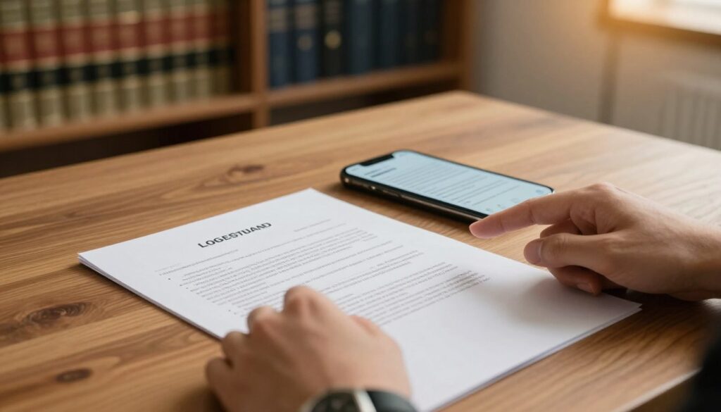 A close-up view of a wooden table with a partially open legal contract laid out, showing detailed clauses and bullet points about loan terms. In the foreground, a pair of professional hands, wearing a watch, are pointing to important sections of the contract. In the middle, a smartphone displays an SMS message confirming the agreement, with the soft glow of the screen illuminating the scene. The background features a blurred office environment with bookshelves filled with legal books and a subtle warm lighting glow, creating a serious yet approachable atmosphere. The overall mood is one of clarity and transparency, capturing the essence of careful consideration before financial commitment.