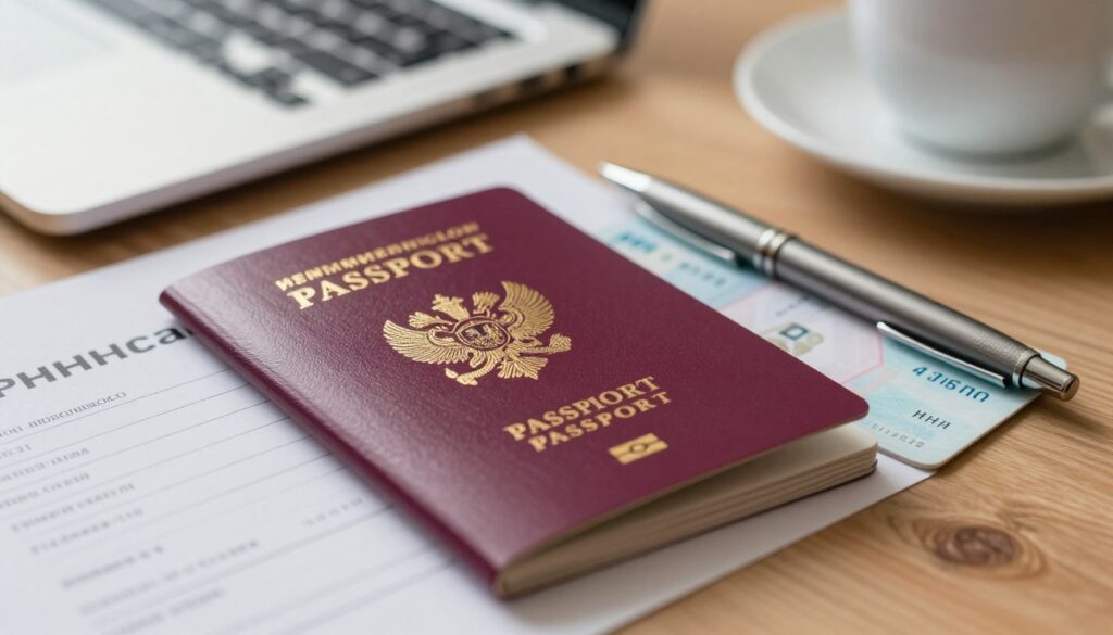 A close-up view of an open passport laid on a wooden desk, with a soft-focus pen and an identification number (ИНН) card partially visible beside it. The passport features vibrant colors and intricate design elements, showcasing the emblem and personal details. The lighting is warm and inviting, casting gentle shadows that highlight the passport and documents. In the background, a blurred laptop and a cup of coffee create a professional yet relaxed atmosphere. The mood reflects a sense of urgency and convenience, emphasizing the idea of preparing important documents for an online express loan application. The photo is shot at a slight angle, enhancing depth and focus on the passport and INN card, ensuring clarity and detail.