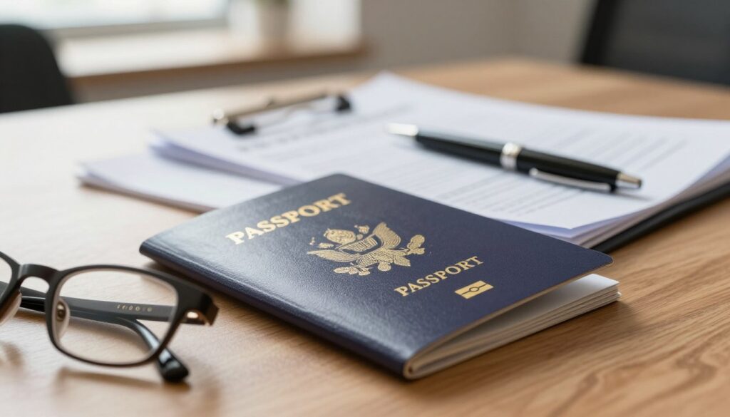 A close-up view of an open passport placed on a wooden desk, showcasing its intricate details such as the emblem and holographic features. The foreground features a pair of professional reading glasses beside the passport, hinting at careful examination. In the middle ground, a neatly organized stack of financial documents and a pen complement the passport, symbolizing the importance of documentation in financial transactions. The background is softly blurred, revealing a calming office environment with warm, natural light filtering through a window. The overall mood is professional and serious, conveying the significance of proper identification and documentation for clients seeking loans. The image should avoid any text or markings.