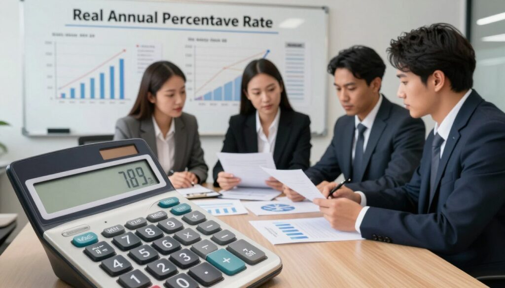 A detailed infographic portraying the concept of "Real Annual Percentage Rate" (APR) in a financial context. In the foreground, a sleek calculator displaying numerical figures related to interest rates and loans. In the middle ground, a diverse group of three professionals in business attire, deeply engaged in a discussion over financial documents and charts. The background features a large whiteboard filled with graphs and statistics showing lines and percentages, emphasizing the importance of real APR compared to daily rates. Soft, focused lighting illuminates the scene, creating a professional atmosphere. The overall mood is serious yet collaborative, portraying the significance of financial literacy in decision-making. The camera angle is a slight overhead view, capturing both the calculator and the engaged professionals.