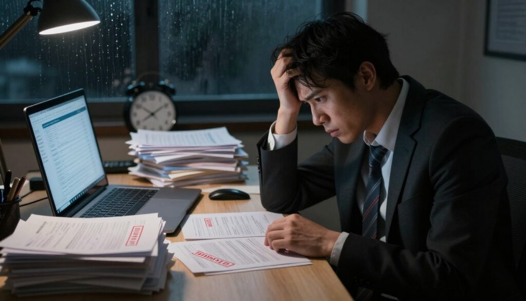 A disheartened individual sitting at a cluttered desk in a dimly lit office, surrounded by stacks of unpaid bills and a laptop displaying a credit report with negative scores. In the foreground, focus on the person's anxious expression, dressed in formal business attire, reflecting the stress of poor credit. The middle ground features documents with red stamps indicating overdue payments and a clock showing late hours, enhancing the feeling of urgency. In the background, a darkened window with rain droplets adds a gloomy atmosphere to the scene. The lighting is low and dramatic, casting shadows that emphasize the weight of financial burdens, creating a tense yet impactful mood. A disheartened individual sitting at a cluttered desk in a dimly lit office, surrounded by stacks of unpaid bills and a laptop displaying a credit report with negative scores. In the foreground, focus on the person's anxious expression, dressed in formal business attire, reflecting the stress of poor credit. The middle ground features documents with red stamps indicating overdue payments and a clock showing late hours, enhancing the feeling of urgency. In the background, a darkened window with rain droplets adds a gloomy atmosphere to the scene. The lighting is low and dramatic, casting shadows that emphasize the weight of financial burdens, creating a tense yet impactful mood.