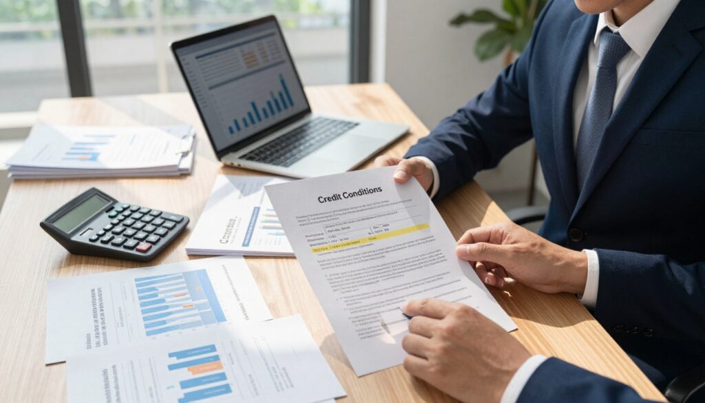 A modern and professional office setting showcasing a variety of financial documents and charts related to loan conditions. In the foreground, a confident businessperson in formal attire reviews a loan agreement with highlighted terms, including amounts and timeframes. In the middle, an elegant wooden desk is cluttered with calculators, a laptop displaying graphs, and a detailed brochure titled "Credit Conditions". The background features a large window with natural sunlight streaming in, illuminating the room and casting soft shadows. The atmosphere is focused and industrious, emphasizing the importance of understanding loan terms, rates, and repayment periods. The image captures the essence of financial decision-making in a contemporary office environment. A modern and professional office setting showcasing a variety of financial documents and charts related to loan conditions. In the foreground, a confident businessperson in formal attire reviews a loan agreement with highlighted terms, including amounts and timeframes. In the middle, an elegant wooden desk is cluttered with calculators, a laptop displaying graphs, and a detailed brochure titled "Credit Conditions". The background features a large window with natural sunlight streaming in, illuminating the room and casting soft shadows. The atmosphere is focused and industrious, emphasizing the importance of understanding loan terms, rates, and repayment periods. The image captures the essence of financial decision-making in a contemporary office environment.