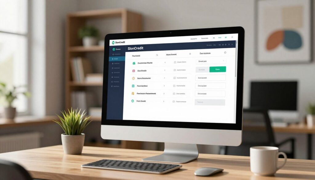 A modern and sleek personal finance dashboard interface displayed on a large computer screen in a professional office setting. In the foreground, there is a stylish desk with a laptop, potted plants, and a coffee mug, conveying a productive atmosphere. The middle ground features the computer screen showing a user-friendly interface of "SlonCredit" personal cabinet, displaying an overview of loan management options and a phone number input field. The background includes soft-focus office elements like bookshelves and abstract artwork, creating a sophisticated ambiance. The lighting is warm and inviting, with natural light streaming through a window, highlighting the workspace. The overall mood reflects efficiency, trust, and professionalism, perfectly illustrating the theme of personal finance management.