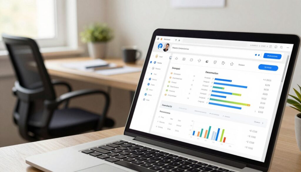 A modern and well-organized personal account interface displayed on a sleek laptop. In the foreground, a close-up of the laptop screen shows a user-friendly dashboard with filters, comparison charts, and a visually appealing layout. The middle ground features a stylish workspace with an ergonomic chair and a neatly arranged desk with stationery, a coffee mug, and a small plant. In the background, soft natural light filters through a window, casting a warm glow on the scene. The atmosphere is calm and professional, evoking a sense of efficiency and productivity. The angle should be slightly tilted downward, providing an inviting glimpse into the digital space. Emphasize clean lines and a polished aesthetic, ideal for enhancing user experience in a digital catalog. A modern and well-organized personal account interface displayed on a sleek laptop. In the foreground, a close-up of the laptop screen shows a user-friendly dashboard with filters, comparison charts, and a visually appealing layout. The middle ground features a stylish workspace with an ergonomic chair and a neatly arranged desk with stationery, a coffee mug, and a small plant. In the background, soft natural light filters through a window, casting a warm glow on the scene. The atmosphere is calm and professional, evoking a sense of efficiency and productivity. The angle should be slightly tilted downward, providing an inviting glimpse into the digital space. Emphasize clean lines and a polished aesthetic, ideal for enhancing user experience in a digital catalog.