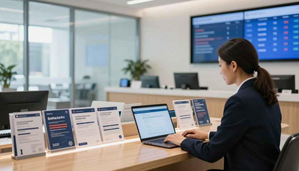 A modern bank interior featuring sleek glass walls and polished wooden desks. In the foreground, a bank employee, dressed in professional business attire, assists a customer at an illuminated desk, where a laptop showcases an online loan application interface. In the middle ground, you can see rows of financial service brochures neatly arranged, promoting quick credit options. The background includes a digital display showing banking statistics on a large screen, casting a soft blue light. The atmosphere is bright and welcoming, with natural light streaming through large windows, creating a sense of trust and professionalism. The scene captures the essence of fast and reliable financial services in a contemporary banking environment.