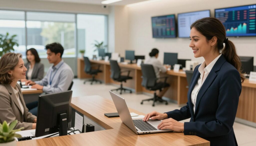 A modern bank interior showcasing a sleek, professional atmosphere. In the foreground, a polished wooden counter with a friendly bank teller, dressed in formal business attire, assisting a diverse group of clients – a middle-aged Caucasian woman and a young Hispanic man, both looking engaged and attentive. The middle ground features a soft-lit open space with glass partitions, comfortable seating areas, and client consultation desks, creating a sense of transparency and openness. In the background, large windows allow natural light to stream in, illuminating high-tech screens displaying financial statistics. The overall mood is inviting, conveying trust and professionalism in a contemporary banking environment. The scene is captured with a slight angle, employing a warm color palette and soft focus to enhance the amiable atmosphere.