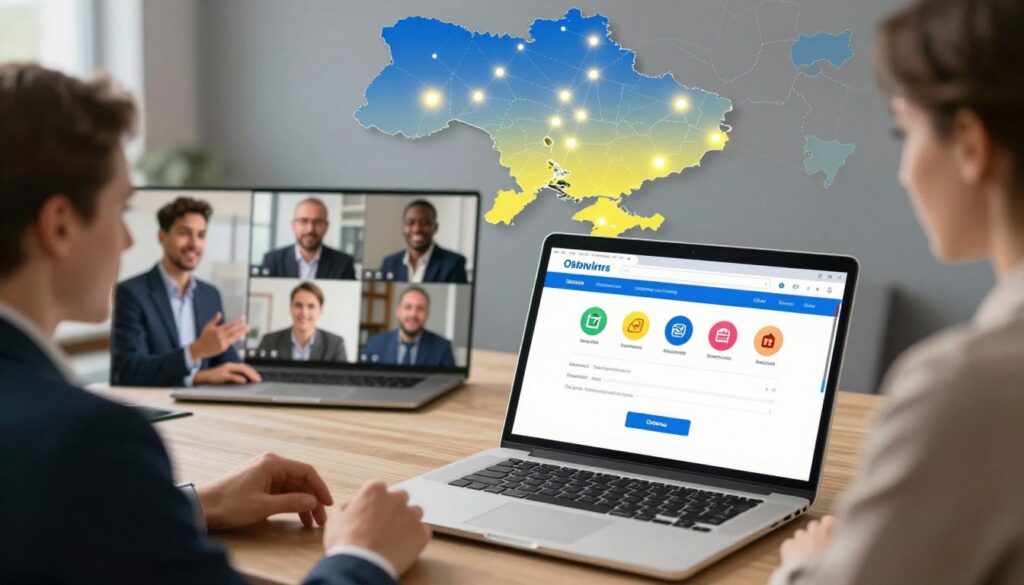 A modern digital landscape showcasing the concept of online financial services in Ukraine. In the foreground, an elegant laptop displays a user-friendly interface for cash loan applications, with vibrant icons symbolizing quick and reliable service. The middle ground features a diverse group of business professionals in smart attire, collaborating online through video calls, emphasizing communication and accessibility. The background includes a detailed map of Ukraine highlighted with glowing dots to represent geographical reach and availability across the country, creating a sense of connection. The scene is illuminated with soft, warm lighting, creating an inviting and professional atmosphere. The angle is slightly elevated, providing a comprehensive view of the digital interaction, with no text or branding present. A modern digital landscape showcasing the concept of online financial services in Ukraine. In the foreground, an elegant laptop displays a user-friendly interface for cash loan applications, with vibrant icons symbolizing quick and reliable service. The middle ground features a diverse group of business professionals in smart attire, collaborating online through video calls, emphasizing communication and accessibility. The background includes a detailed map of Ukraine highlighted with glowing dots to represent geographical reach and availability across the country, creating a sense of connection. The scene is illuminated with soft, warm lighting, creating an inviting and professional atmosphere. The angle is slightly elevated, providing a comprehensive view of the digital interaction, with no text or branding present.