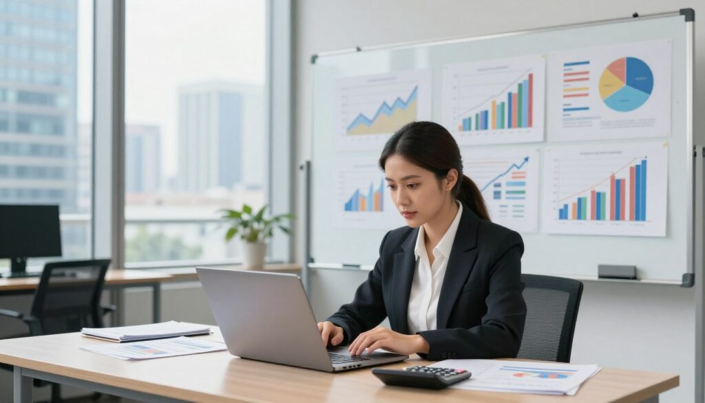 A modern financial analysis scene set in a well-lit office environment. In the foreground, a professional woman in formal business attire is focused on a laptop, surrounded by financial documents and a calculator, analyzing income and expenses. The middle ground features a large whiteboard filled with colorful graphs and charts visualizing financial data. In the background, a sleek glass window shows a city skyline, indicating a bustling business district. Soft natural light pours in, creating a sense of clarity and focus. The overall mood is one of productivity and professionalism, highlighting the importance of financial diagnostics and management.