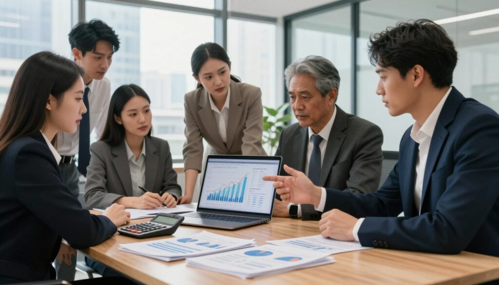 A modern financial office scene focused on daily interest rates. In the foreground, a sleek wooden desk with a calculator, some neatly stacked financial reports, and a laptop displaying graphs related to interest rates. In the middle ground, a diverse group of four diverse professionals, dressed in smart business attire, engage in a discussion, analyzing the data on the laptop’s screen. They exhibit expressions of concentration and collaboration. The background includes a large window with cityscape views, allowing natural light to illuminate the room, creating a professional yet inviting atmosphere. The overall mood is one of determination and teamwork, emphasizing the importance of daily interest rates in financial decision-making.