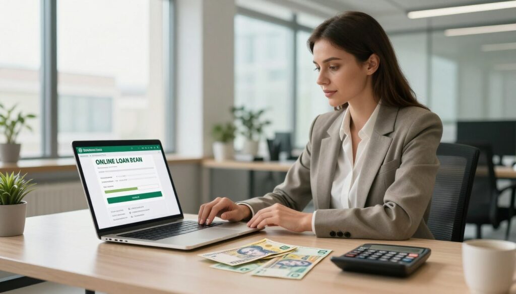 A modern financial setting showcasing a sleek office desk in the foreground, adorned with a laptop displaying an online loan application. A scattering of Ukrainian hryvnia banknotes is laid out beside a financial calculator, conveying the concept of loan amounts. In the middle, a well-dressed professional woman, in smart business attire, is focused on the screen, exuding confidence and determination. The background features a bright, airy office space with large windows allowing natural light to flood in, creating an optimistic atmosphere. Gentle reflections from the glass and soft shadows enhance the depth. The color palette is warm with hints of green and gold, symbolizing prosperity and financial growth. The overall mood is one of professionalism and efficiency, capturing the essence of a rapid and convenient online loan process.