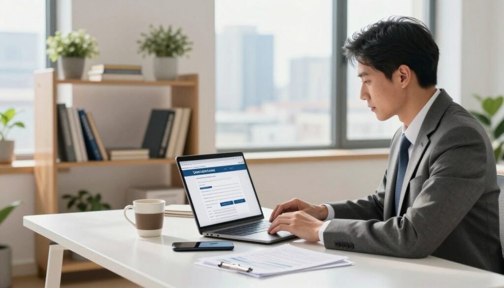 A modern home office setting, brightly lit with natural light streaming through a large window. In the foreground, a professional-looking man in business attire is seated at a sleek desk, focused on a laptop displaying a loan application website. A smartphone and a few financial documents are scattered on the desk, along with a stylish coffee mug. In the middle ground, a bookshelf filled with financial books and decorative plants adds a touch of warmth. In the background, a soft-focus view of a city skyline can be seen through the window, suggesting a vibrant urban life. The overall atmosphere is one of professionalism and efficiency, conveying the process of applying for an online loan easily and confidently. A modern home office setting, brightly lit with natural light streaming through a large window. In the foreground, a professional-looking man in business attire is seated at a sleek desk, focused on a laptop displaying a loan application website. A smartphone and a few financial documents are scattered on the desk, along with a stylish coffee mug. In the middle ground, a bookshelf filled with financial books and decorative plants adds a touch of warmth. In the background, a soft-focus view of a city skyline can be seen through the window, suggesting a vibrant urban life. The overall atmosphere is one of professionalism and efficiency, conveying the process of applying for an online loan easily and confidently.