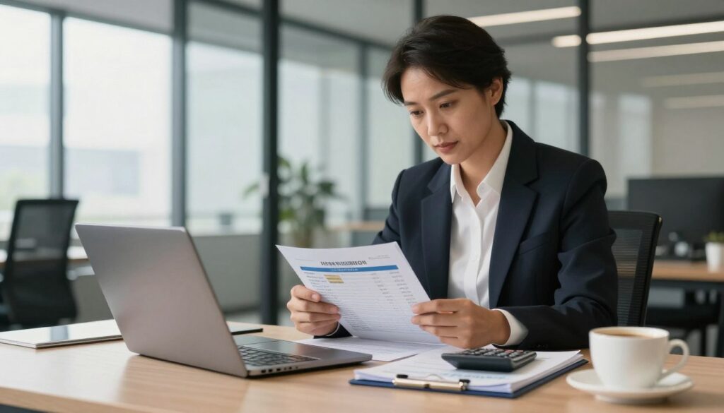 A modern office desk scene in the foreground, featuring a laptop with a financial spreadsheet open, displaying terms for loan extension and early repayment. Next to the laptop, a stack of financial documents with a calculator and a cup of coffee. In the middle ground, a confident business professional in smart attire is reviewing the documents intently, with a focused expression. The background shows a sleek office space with large windows letting in natural light, casting soft reflections on glass surfaces. The overall mood is one of determination and clarity, emphasizing the importance of financial decision-making. The lighting is warm and inviting, creating an atmosphere of professionalism and resolve.