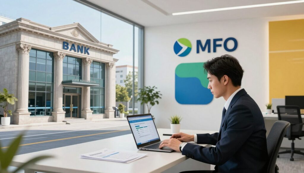 A modern office environment showcasing a bank and a microfinance organization (MFO) in a split-view format. In the foreground, a professional business person, dressed in formal attire, is seated at a sleek desk with a laptop. To the left, the bank is depicted with a robust, traditional architecture, complete with a glass façade and subtle branding. To the right, the MFO appears more contemporary, featuring a minimalist design with vibrant colors. In the middle ground, financial documents and digital devices symbolize the online credit process. The background shows a bright, inviting office space with soft natural lighting filtering through large windows, creating a transparent and trustworthy atmosphere. The overall mood is efficient, professional, and approachable, reflecting the ease of obtaining credit online.
