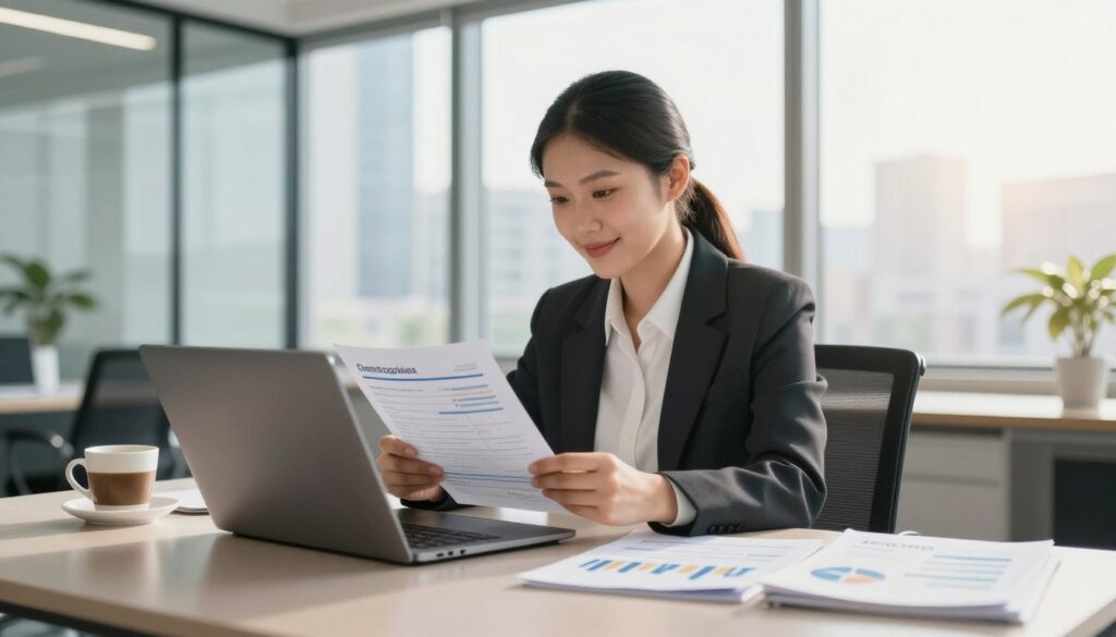 A modern office environment showcasing a welcoming atmosphere, where a young professional woman is sitting at a sleek desk with a laptop open in front of her. She wears professional business attire, exuding confidence and focus as she reviews financial documents, symbolizing her first experience with an online credit application. In the background, a large window reveals a bright cityscape, bathed in warm, natural light. The foreground features a cup of coffee and a few financial brochures, indicating her thorough research. The mood should be optimistic and empowering, highlighting the concept of smart financial decisions and securing favorable loan conditions. Capture the scene from a slightly angled perspective to create depth and interest.