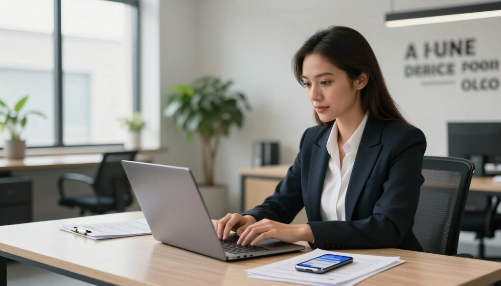 A modern office interior, softly lit by natural light streaming through large windows. In the foreground, a confident businesswoman seated at a sleek desk, wearing professional attire, intently working on a laptop, showcasing the process of applying for an online loan. The middle ground features paperwork and a smartphone displaying a financial app, emphasizing digital convenience. The background consists of a blurred view of a contemporary office space with plants and inspirational quotes on the walls, creating a professional and uplifting atmosphere. The composition should convey a sense of trust and efficiency, highlighting the ease of online financial transactions with a clean, organized layout.