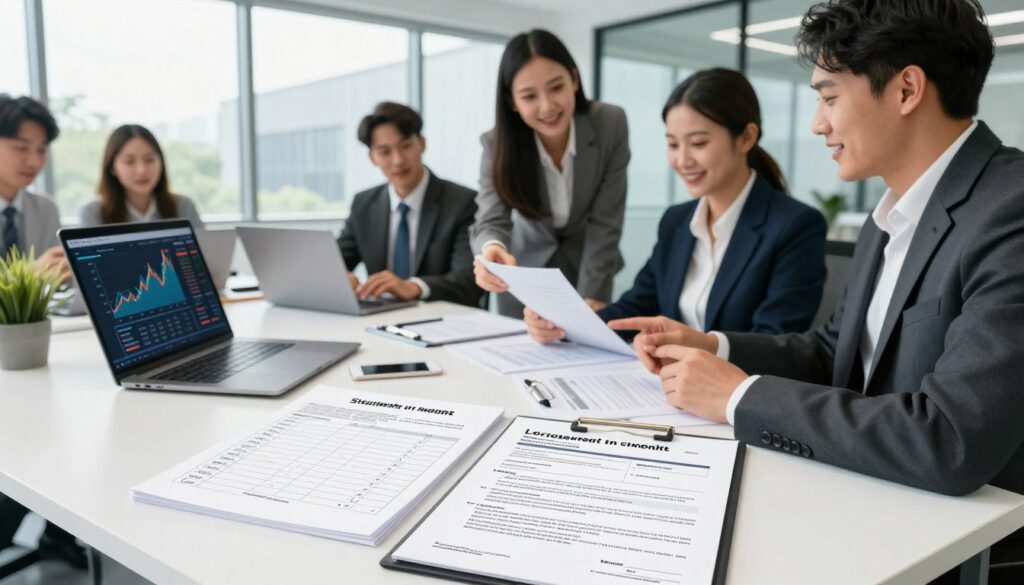 A modern office setting depicting a professional workspace. In the foreground, a neatly organized desk showcases essential documents such as a checklist, identification, and a loan application form, illustrating the requirements for obtaining a selfie credit. There's a laptop with financial graphs displayed, emphasizing a technology-driven process. In the middle, a diverse group of individuals in professional business attire discusses the documents, conveying collaboration and trust. The background features glass windows allowing natural light to flood the room, creating a bright and encouraging atmosphere. The overall mood is optimistic and secure, reflecting ease in financial dealings. The angle is slightly elevated, capturing the workspace and conversational dynamics effectively.