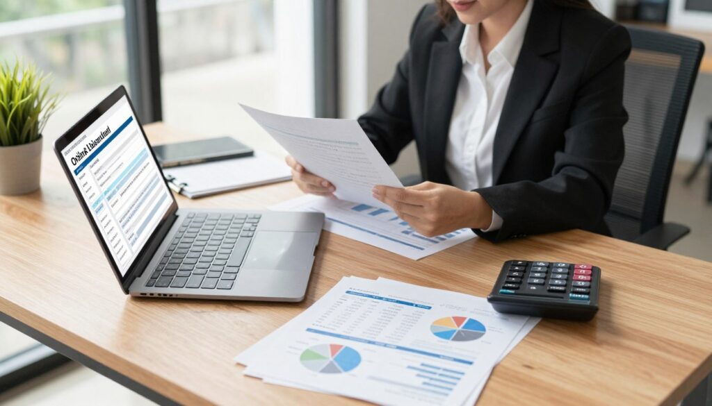 A modern office setting filled with financial documents and calculators, depicting an inviting atmosphere. In the foreground, a neatly arranged wooden desk displaying a laptop open to an online loan application form, surrounded by papers with numbers and charts that reflect loan conditions like amounts, terms, and interest rates. In the middle ground, a professional looking businesswoman in business attire reviews documents, focused and confident. The background shows large windows with natural daylight streaming in, illuminating the workspace. The overall mood conveys professionalism and reliability, suggesting a sense of security and trust in the financial services being provided. The angle is slightly overhead, providing a comprehensive view of the workspace's organization.