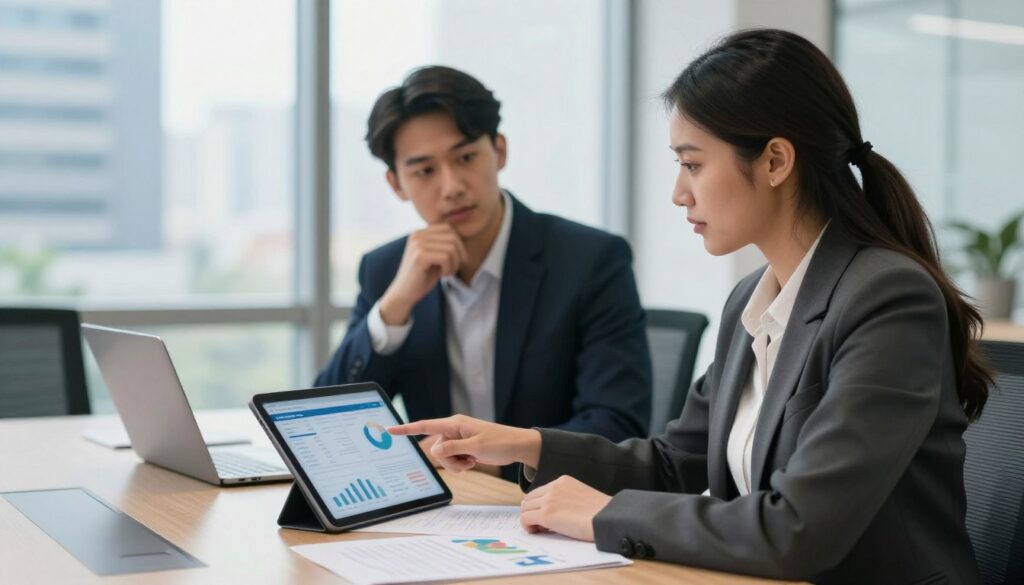 A modern office setting showcasing a meeting between two diverse professionals engaged in discussing microfinance options. In the foreground, a confident woman in business attire is pointing at a digital tablet displaying financial data, while a thoughtful man in a suit looks on, nodding. The middle ground features a sleek conference table with papers and a laptop, indicating a productive atmosphere. The background reveals large windows with cityscape views, bathed in natural daylight, creating an optimistic mood. Soft lighting enhances the professionalism of the scene, with a shallow depth of field focusing on the interaction. The overall tone is serious yet hopeful, reflecting the pursuit of reliable microfinance solutions.