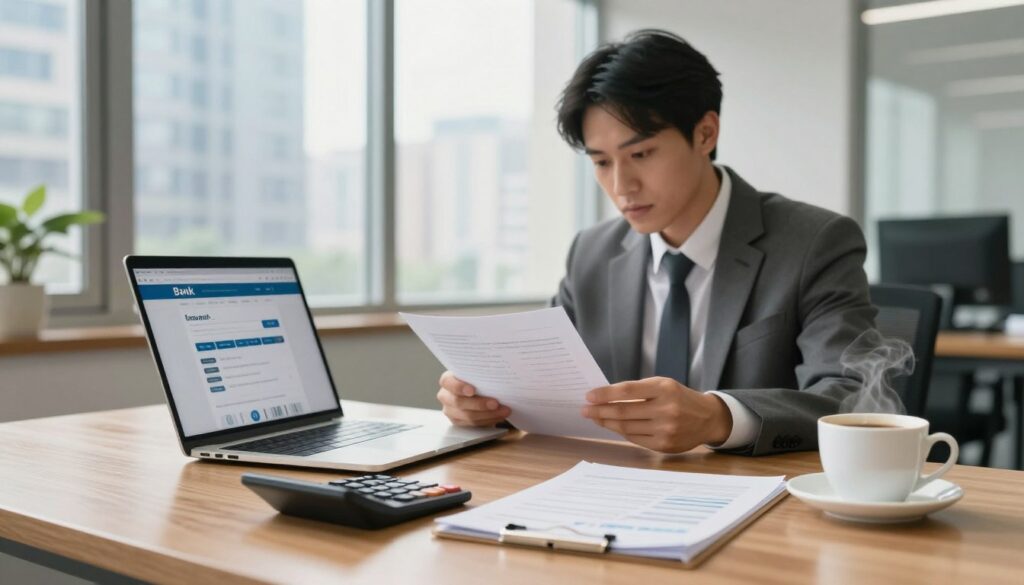 A modern office setting with a polished wooden desk in the foreground, showcasing a laptop displaying a bank website with options for loan repayment. On the desk, there's a calculator, a few financial documents, and a steaming cup of coffee. In the middle ground, a professional-looking individual in business attire is reviewing documents with a focused expression. The background features a large window with natural light illuminating the space, showcasing a city skyline outside. The atmosphere conveys a sense of professionalism, efficiency, and hope for financial clarity. Soft lighting enhances the warm tones, creating an inviting yet serious mood, with a shallow depth of field to draw attention to the subjects in the foreground.