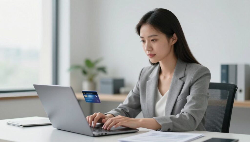 A modern office setting with a professional-looking young woman sitting at a sleek desk, focused on her laptop as she fills out an online application for a credit card. The foreground features a close-up of her hands typing and a credit card design on the screen. In the middle, there’s a subtle hint of paperwork and a pen beside her, implying organization and attention to detail. The background showcases a bright, airy office with minimalist decor, large windows allowing soft, natural light to illuminate the space. The mood is one of professionalism and empowerment, emphasizing a sense of accomplishment and readiness in financial matters.