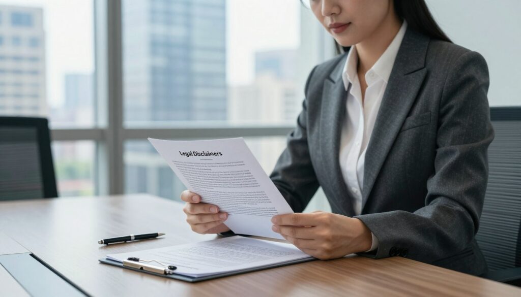 A modern office setting with a well-dressed female attorney in professional attire, standing at a sleek conference table. She is reviewing a document labeled "Legal Disclaimers" with focused concentration. In the background, a large window reveals a bustling cityscape, symbolizing a fast-paced business environment. Soft, natural light filters through the glass, creating a warm yet serious atmosphere. The foreground features a close-up of legal documents and a pen, emphasizing the importance of understanding legal terms. The image conveys professionalism and transparency, suitable for a discussion on the consequences and significant legal disclaimers for clients. The color palette is neutral with blues and grays, enhancing the authoritative feel of the scene.