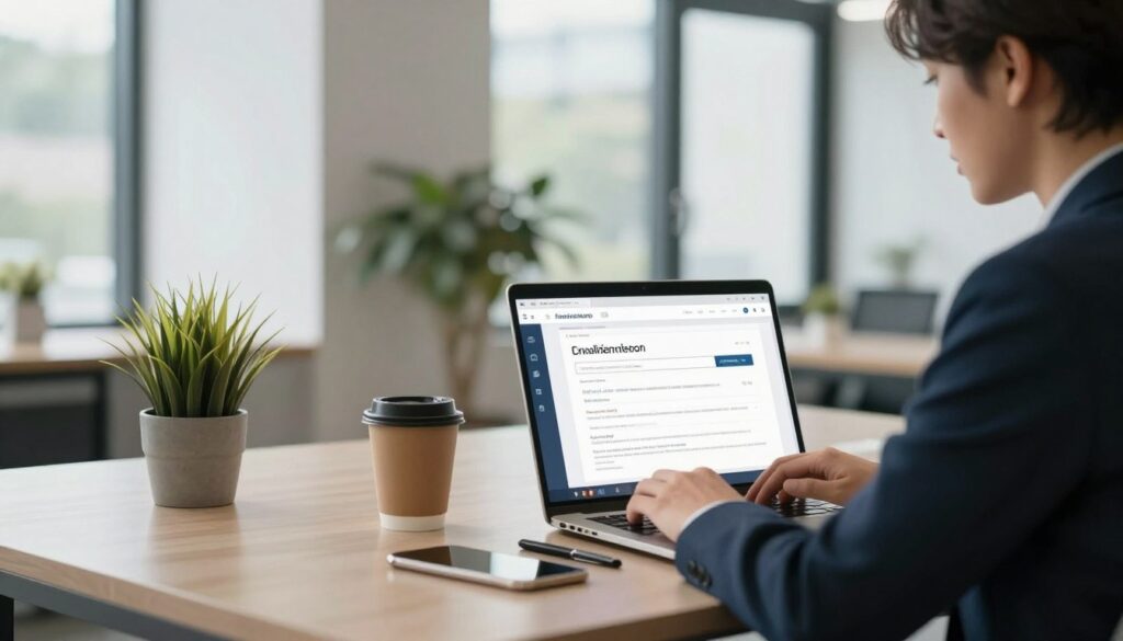 A modern office space with a sleek desk featuring a laptop open to a financial website, showing a form for an online loan application. In the foreground, a focused young professional in smart business attire types on the laptop. The middle ground showcases a potted plant and a coffee cup, adding warmth to the environment. In the background, large windows provide natural light, capturing a bright day outside for an uplifting atmosphere. The overall mood is efficient and inviting, emphasizing a sense of trust and ease in the online loan process. Utilize soft, diffused lighting to enhance the professionalism of the scene.