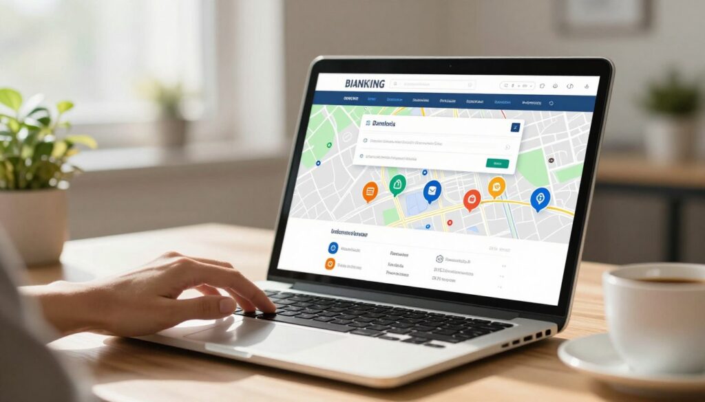 A modern online banking interface displayed on a sleek laptop screen in a cozy home office setting. In the foreground, a hand reaches towards the laptop keyboard, with fingers poised over the keys, suggesting a user engaging with the digital interface. The middle ground features the bright, colorful graphic of a digital map overlay showing various locations and financial transaction icons, symbolizing online transfers. In the background, soft-focus elements like house plants and a coffee mug create a warm and inviting atmosphere. Bright, natural lighting filters through a nearby window, casting gentle shadows and enhancing the overall sense of tranquility and professionalism. The image conveys a mood of trust and efficiency, highlighting the concept of instant online transactions.