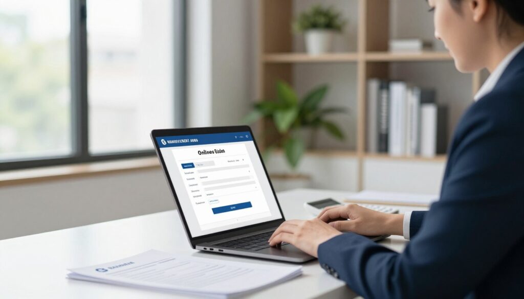 A modern, professional office environment showcasing the process of applying for an online loan on a bank card. In the foreground, a focused individual in smart business attire is sitting at a sleek desk, using a laptop, with bank documents and a calculator nearby. The middle ground features a large window with natural light pouring in, illuminating a digital interface on the laptop screen displaying a loan application form. In the background, there are soft shelves filled with financial books and plants adding a touch of greenery, enhancing the atmosphere of trust and professionalism. The scene is well-lit, creating a bright and inviting mood, emphasizing ease and efficiency in the online credit application process.