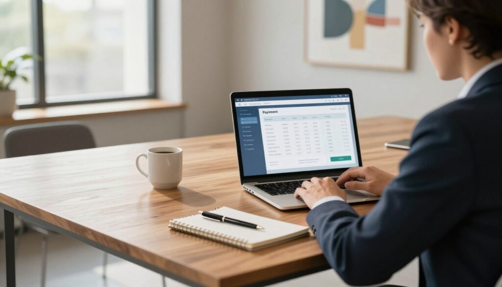 A modern, serene financial office interior, focusing on a sleek wooden desk with a laptop displaying a digital payment interface. In the foreground, a well-dressed individual, wearing a smart business suit, is calmly reviewing payment options on the screen, with a sense of ease and control. In the middle ground, a neatly organized notepad with a pen, and a coffee mug, signify a professional atmosphere. Soft, natural light streams in through large windows, illuminating the space with a warm glow, creating a feeling of trust and clarity. The background features a wall with abstract art related to finance, contributing to the modern ambiance. Capture this moment from a slightly elevated angle to emphasize the subject's engagement with financial management and repayment methods.