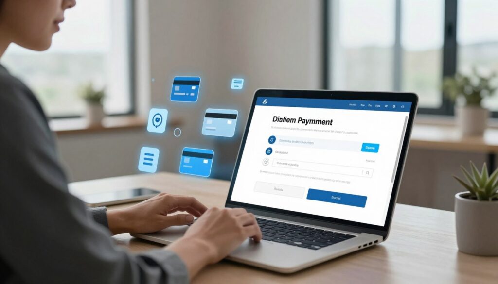 A modern, sleek digital banking interface displayed on a laptop screen, showing a user-friendly payment process for online loan repayment. In the foreground, a professional-looking individual in business attire is seated at a chic desk, focusing intently on the screen, with their fingers poised over the keyboard. In the middle, various icons of digital payment methods (like credit cards, e-wallets, and bank transfers) pop up around the laptop, glowing softly with a light blue hue. The background features a stylish home office with minimalist decor, warm lighting creating a welcoming atmosphere, and a large window revealing a bright day outside. The overall mood is efficient and modern, reflecting the ease and convenience of online payment solutions.