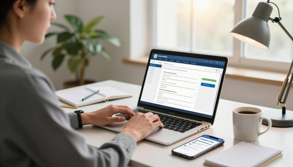 A person sitting at a modern desk in a well-lit home office, focused on a laptop screen displaying a financial application. In the foreground, a smartphone displays notification alerts for approved loans while a nearby coffee mug and notes add a warm touch. In the middle ground, a leafy plant and a stylish desk lamp contribute to a productive ambiance. The background features a window with sunlight spilling in, creating a bright and inviting atmosphere. The individual is in professional business attire, exuding confidence and determination. The overall mood is one of ease and efficiency, capturing the essence of quickly obtaining funds online. A person sitting at a modern desk in a well-lit home office, focused on a laptop screen displaying a financial application. In the foreground, a smartphone displays notification alerts for approved loans while a nearby coffee mug and notes add a warm touch. In the middle ground, a leafy plant and a stylish desk lamp contribute to a productive ambiance. The background features a window with sunlight spilling in, creating a bright and inviting atmosphere. The individual is in professional business attire, exuding confidence and determination. The overall mood is one of ease and efficiency, capturing the essence of quickly obtaining funds online.