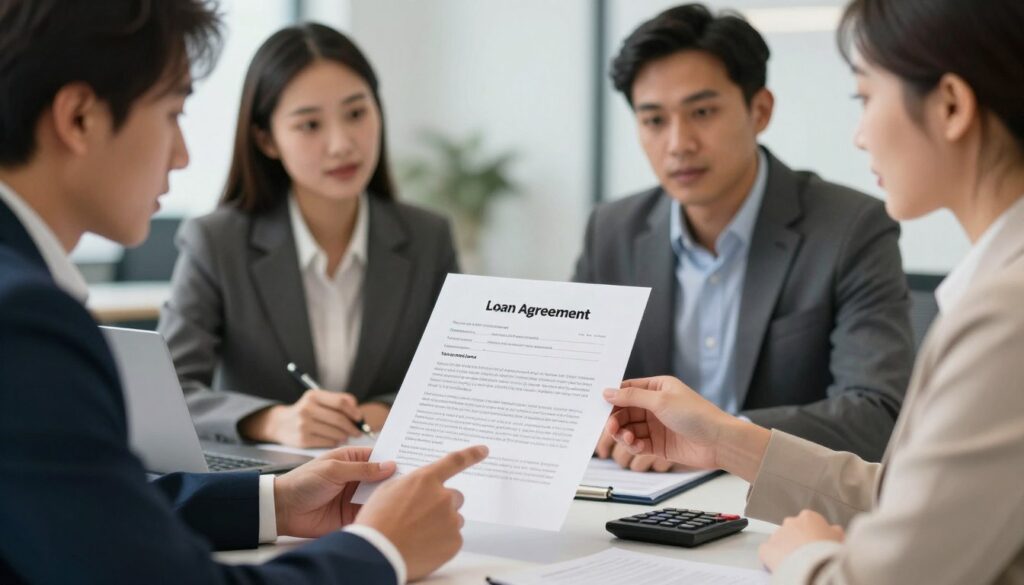 A professional and informative illustration depicting the characteristics of a loan agreement. In the foreground, a diverse group of business professionals in smart attire, engaged in a discussion, analyzing a document together. The middle ground features a table with a detailed contract displaying key points such as interest rates, terms, and conditions, accompanied by pens and calculators. In the background, a softly focused office environment exudes a sense of professionalism, with gentle lighting highlighting their engaged expressions. The atmosphere is collaborative and focused, capturing the essence of careful examination before making financial commitments. The lens used gives a slight depth of field, emphasizing the document and professionals while blurring the background. A professional and informative illustration depicting the characteristics of a loan agreement. In the foreground, a diverse group of business professionals in smart attire, engaged in a discussion, analyzing a document together. The middle ground features a table with a detailed contract displaying key points such as interest rates, terms, and conditions, accompanied by pens and calculators. In the background, a softly focused office environment exudes a sense of professionalism, with gentle lighting highlighting their engaged expressions. The atmosphere is collaborative and focused, capturing the essence of careful examination before making financial commitments. The lens used gives a slight depth of field, emphasizing the document and professionals while blurring the background.