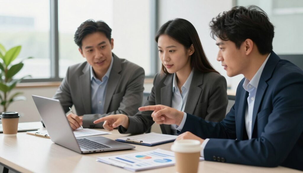 A professional and inviting scene set in a modern office environment. In the foreground, a diverse group of three individuals—two men and one woman—are engaged in a discussion about credit applications, all dressed in smart business attire. The woman, with shoulder-length dark hair, points to a laptop screen, while the men listen attentively, one with a notepad. The middle ground features a sleek desk with credit brochures, financial documents, and a coffee cup, while in the background, large windows let in natural light, creating an uplifting atmosphere. Subtle green plants add a touch of freshness. The mood is collaborative and optimistic, highlighting accessibility and professionalism. Use soft lighting to enhance warmth and a slight focus blur on the background to emphasize the subjects.
