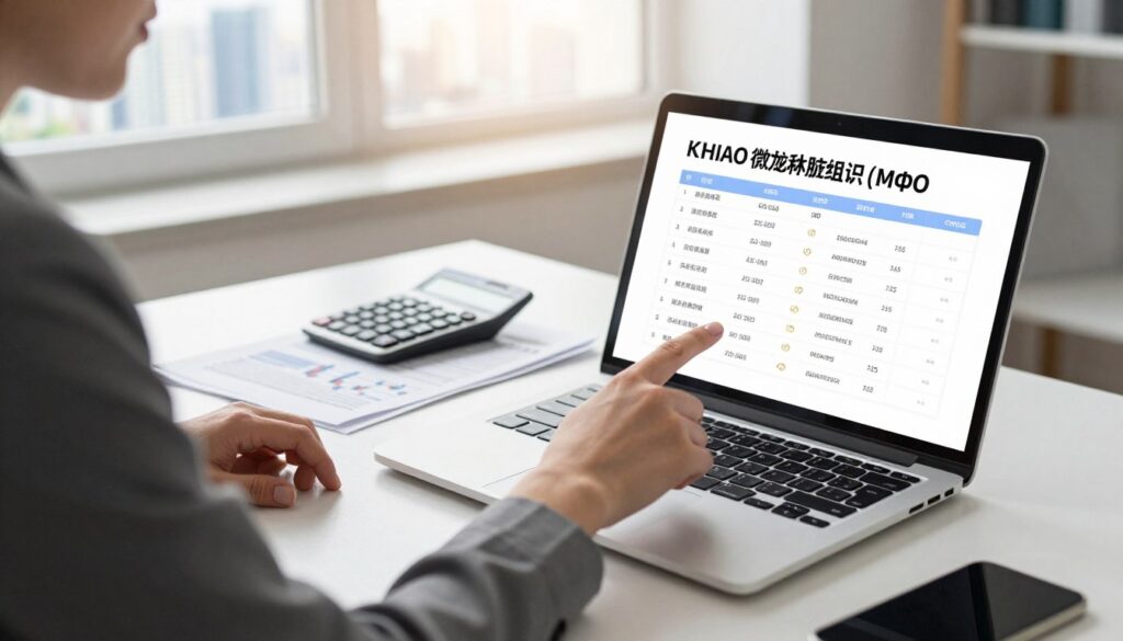 A professional and modern office setting in Ukraine, focusing on a confident individual in professional business attire, seated at a desk with a laptop open, displaying financial graphs and a checklist for choosing a reliable microfinance organization (МФО). In the foreground, a hand pointing to the screen, illustrating critical criteria such as interest rates, loan terms, and customer reviews. The middle ground features documents and a calculator. The background has a large window with natural light pouring in, revealing the city skyline. The atmosphere is one of decisiveness and clarity, with soft, warm lighting creating an inviting ambiance. The angle is slightly elevated, providing a comprehensive view of the scene without any text or distractions.