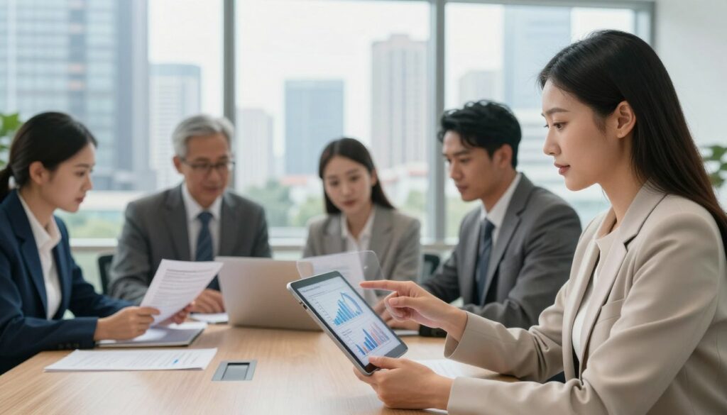 A professional and modern office setting, showcasing a team of diverse business people in formal attire engaged in a discussion about selecting a reliable financial institution. In the foreground, a confident woman points to a transparent chart on a tablet, symbolizing transparency and analysis of financial data. In the middle ground, a diverse group of professionals collaborates, examining documents related to financial licenses and regulations. The background features a high-rise city skyline through large windows, suggesting a dynamic urban environment. Soft, natural lighting filters in, creating a bright and inviting atmosphere that promotes trust and professionalism. The image conveys a sense of reliability, clarity, and the importance of choosing the right financial partner.