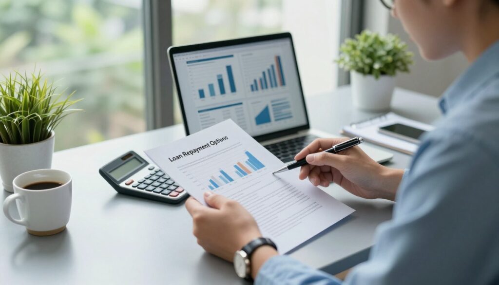 A professional business environment depicting a focused individual seated at a sleek desk, reviewing a financial document titled "Loan Repayment Options." The foreground features the person's hands, adorned with a simple watch, holding a pen and a calculator. In the middle, a well-organized workspace includes a laptop displaying charts and graphs, plants for a touch of nature, and a cup of coffee. The background showcases a large window with natural light streaming in, illuminating the space and creating a serene atmosphere. The color palette includes soft blues and greens, emphasizing a calm and professional mood. The angle is slightly elevated, offering a comprehensive view of the desk and the diligent individual, dressed in modest business attire, exuding a sense of confidence and determination.