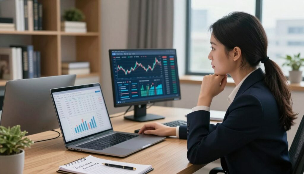 A professional businesswoman sitting at a modern desk, looking thoughtfully at a computer screen displaying a financial dashboard. She is dressed in smart business attire, exuding confidence and focus. In the foreground, a notepad is visible with handwritten notes about loan extensions and deadlines. The middle layer features a sleek laptop displaying a financial management application with graphs and analytics. In the background, a cozy office environment with soft lighting, bookshelves filled with finance-related books, and a window showing a bright cityscape outside. The mood is one of determination and clarity, emphasizing a proactive approach to managing finances and avoiding delays. The angle is slightly above eye level, creating an empowering perspective.