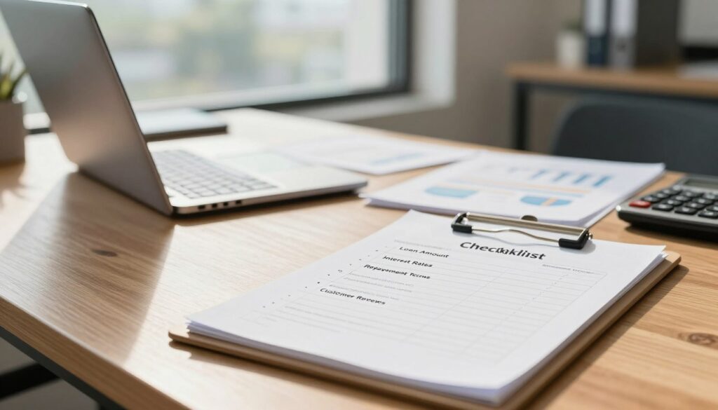 A professional checklist comparison sheet for financial services, displayed in a modern office setting. In the foreground, a clipboard features a neatly organized checklist with bullet points labeled 'Loan Amount', 'Interest Rates', 'Repayment Terms', and 'Customer Reviews'. The middle ground shows a sleek wooden desk with a laptop open, financial documents spread out, and a calculator. In the background, a large window with natural light pouring in, casting soft shadows, gives a sense of transparency and trust. The atmosphere should feel calm and focused, illustrating the decision-making process. Use a shallow depth of field to emphasize the checklist while keeping the surroundings in a soft blur. The lighting should be bright and inviting, creating a professional yet approachable vibe.