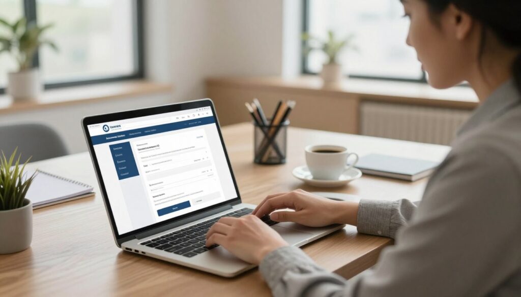 A professional-looking individual in business attire sitting at a modern workspace, engaged in the online process of applying for a loan. The foreground features a sleek laptop displaying a user-friendly loan application website interface with clear sections for personal information and loan details. In the middle, an elegant desk cluttered with essential office supplies and a cup of coffee creates a productive atmosphere. The background shows a softly lit room with minimalist decor, large windows letting in natural light, enhancing the sense of efficiency and professionalism. A warm, inviting color palette evokes trust and security, while the overall mood conveys a sense of ease and reliability in managing financial services online.
